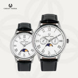 Christ Verra Jam Tangan Couple Solunae Series Strap Leather Silver Black CV 51016G-21 WHT CV 51016L-21 WHT
