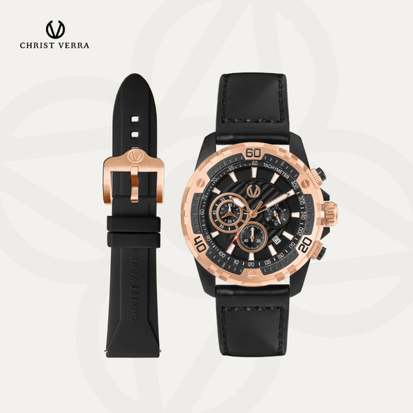 Christ Verra Casual Men's Watch Streetline Time Series Leather Strap CV 12327G-28 BLK FREE RUBBER SILICON STRAP