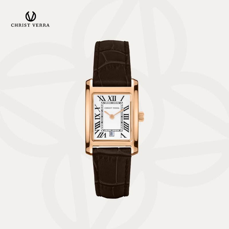Christ Verra Casual Women's Linea Series Leather Strap Dark Brown Rosegold CV 110617L-25 WHT